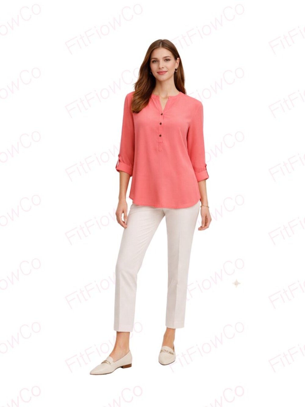 Adrianna Papell Coral Long Sleeve Blouse Size M Flowy Roll Tab Work Top